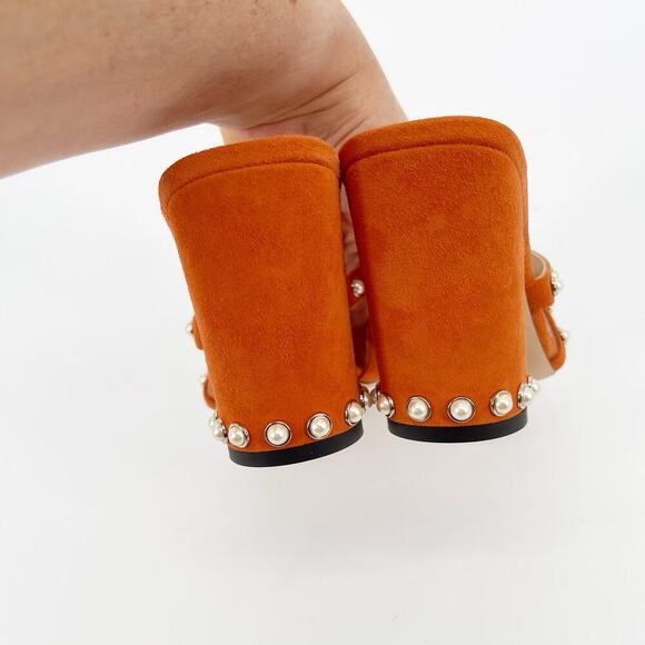 Jimmy Choo Hazal 85 Orange Suede Pearl Studded Heeled Mule Sandal size IT 37 - Picture 7 of 11